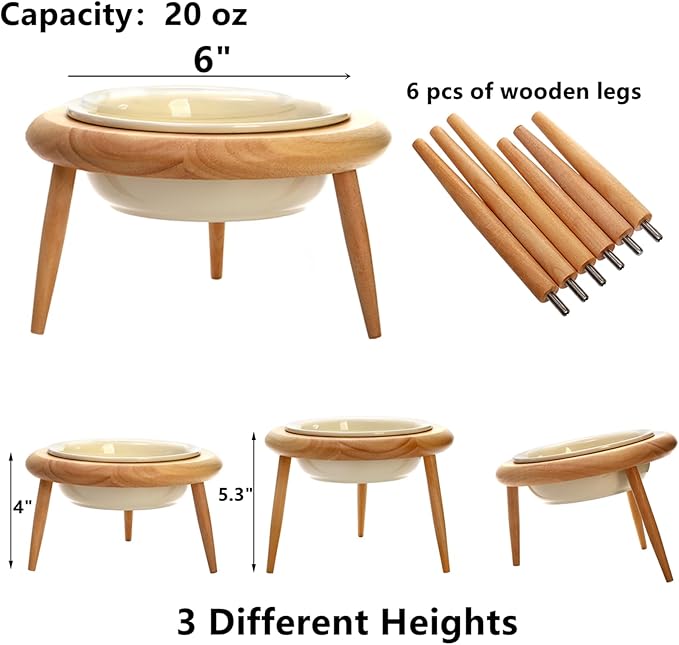 DEAYOU Ceramic Cat Bowl Adjustable, Tilted Elevated Raised Pet Dish, No Spill Pet Food Water Feeder, Slanted Dog Bowl with Wood Stand for Kitty, Pet Supplies, Stress Free, 600 ML/20 OZ, Cream White