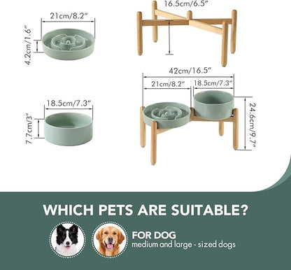 Ceramic Raised Slow Feeder Dog Bowl Set, Elevated 7.3inch Bowl and 8.2inch Puzzle Slow Dish with Wooden Stand for Medium and Large Dog, Anti-Gulping (2X Light Green+ Stand)