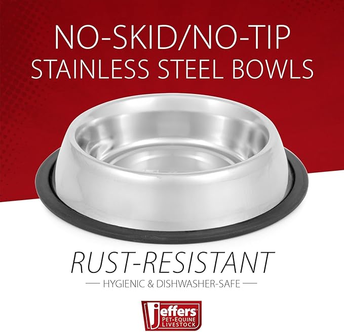 Jeffers No Skid No Tip Stainless Steel Pet Bowls for Dogs & Cats - Non-Slip Food & Water Feeder Dish with Black Rubber Base, Durable Easy to Clean Feeding Bowl for Indoor & Outdoor Use - 1/2 Pint