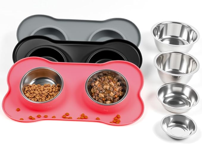 Stainless Steel Dog Bowls with Non-Slip Silicone Mat, Spill Proof Food & Water Bowls Set, Easy Clean Puppy Food Dish, Dishwasher Safe, Suitable for Dogs Cats Pet Under 20lbs, Small, Pink