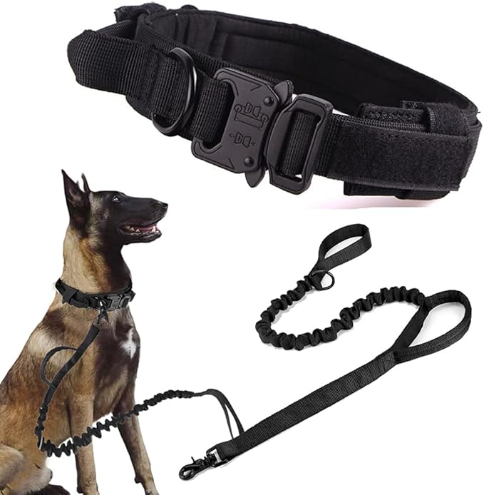 Xqpetlihai Tactical Dog Collar and Leash Set Adjustable Military Nylon Dog Collar with Control Handle and Heavy Duty Metal Buckle for Large Dogs（Black XXL