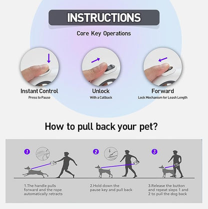Retractable Dog Leash – 13ft Tangle-Free Lead with Bungee Extender, LED Flashlight, Dual Bowls for Food & Water, Poop Bag Dispenser (Includes 5 Rolls) – for Outdoor Walking Dogs up to 55 lbs