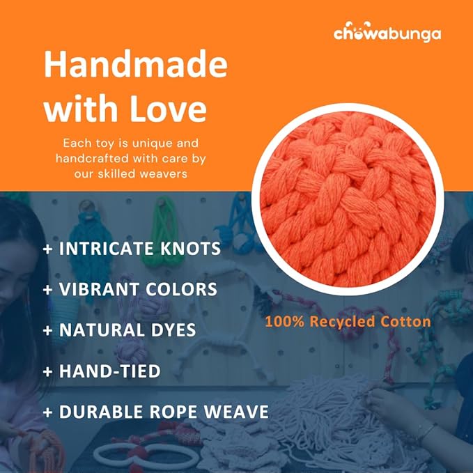 Ollie the Octopus Dog Toy Tough 5.5 Inch Handmade Eco Cotton Rope Dog Toy Octopus with Natural, Non-Toxic Dyes - Dog Octopus Toy for Small Dogs (Orange, Large)