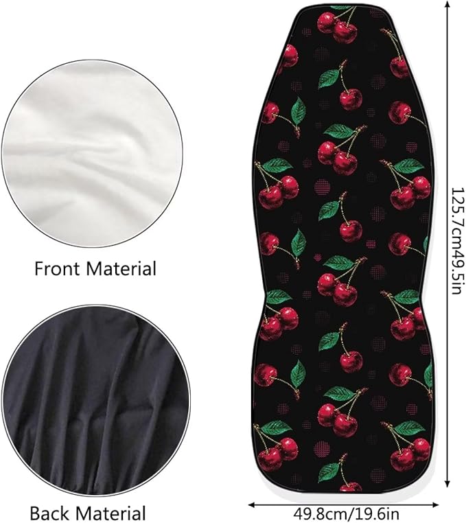 Cherry Print Car Seat Covers Full Set of 2, Cloth Seat for Auto Front Seats, Black Bucket Seat Covers for Cars Washable and Breathable Car Accessories for Sedan Truck SUV
