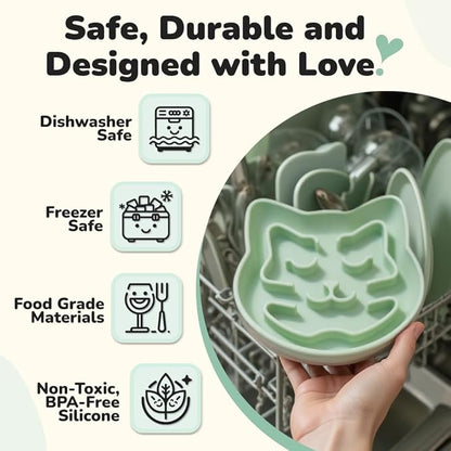 Snuggli Slow Feeder Cat Bowl | Cat Puzzle Feeder for Slow Eating, Mental Enrichment, Digestion, & Bloat Relief | Non-Slip Silicone, Dishwasher Safe, 1 Cup (Matcha)