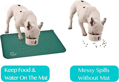 Silicone Waterproof Dog Cat Pet Feeding Mats, Non Slip, Easy Clean Pet Dog Cat Bowl Mats Placemat (18.5" x 11.5") Hunter Green