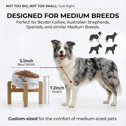 hjn Elevated Ceramic Dog Bowl 15°Slanted Raised Dog Bowl with Bamboo Stand for Small Medium Dogs and Cats, Pet Feeder -3.6-Cup (850ml)-Marble Gray