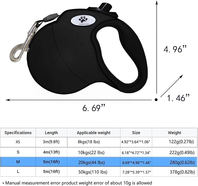 16 ft Retractable Dog Leash for Large Dogs up to 44 lbs,Tangle-Free Nylon Tape,Black Dan M