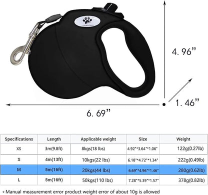 16 ft Retractable Dog Leash for Large Dogs up to 44 lbs,Tangle-Free Nylon Tape,Black Dan M