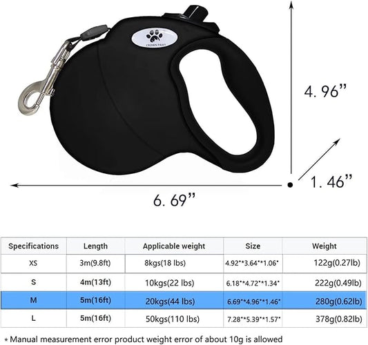 16 ft Retractable Dog Leash for Large Dogs up to 44 lbs,Tangle-Free Nylon Tape,Black Dan M