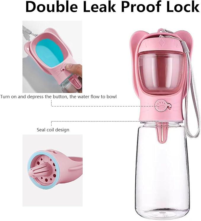DomKim Portable Dog Water Bottle with Food Container for Small Medium Dogs Walking Jogging, Traveling Puppy Water Dispenser Bowls Non Spill, Pink Beach Accessories Stuff Pink, 18.6 oz (550ml)