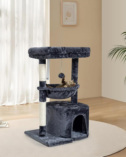 SYANDLVY Small Cat Tree for Indoor Cats, Cat Tower with Scratching Post, Modern Cat House with Padded Perch, Kittens Condo with Cradle, Smoky