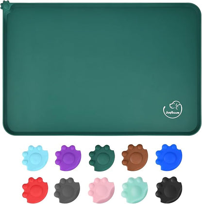 Silicone Waterproof Dog Cat Pet Feeding Mats, Non Slip, Easy Clean Pet Dog Cat Bowl Mats Placemat (18.5" x 11.5") Hunter Green