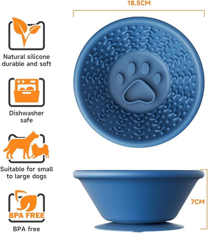 Dog Lick Bowl, Non-Slip Slow Feeder Licking Mat & Treat Dispenser (Wide Bowl Mouth w/Inlaid Stainless Steel Ring) - Interactive Toys, Anxiety Reducer, Freeze Bone for Dogs, BPA Free Silicone(Blue)