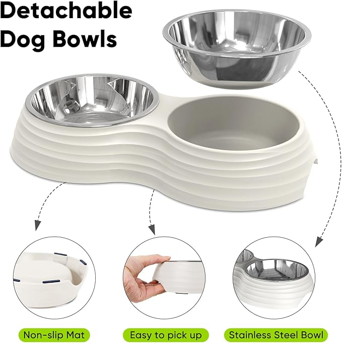 Stainless Steel Dog Bowls Set, Double Food & Water Bowls for Dogs, Dual Dog Food Bowl with 2 Medium (14oz*2) Bowl, Non-Slip Pet Bowls Suitable for Puppies, Cats and Medium Breed Dogs (White)