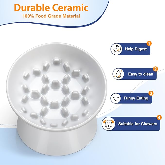 Ceramic Slow Feeder Cat Bowl, Tilted Elevated Cat Slow Feeder Bowl for Dry and Wet Food, Honeycomb Design for Preventing Vomiting & Bloating (White-Honeycomb Style, 5.9 inch)