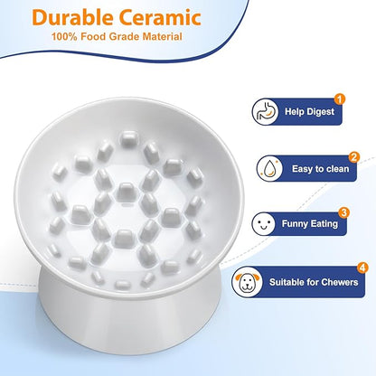 Ceramic Slow Feeder Cat Bowl, Tilted Elevated Cat Slow Feeder Bowl for Dry and Wet Food, Honeycomb Design for Preventing Vomiting & Bloating (White-Honeycomb Style, 5.9 inch)