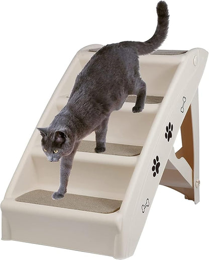 LEMY Non-Slip Foldable Steps Stairs for Dogs and Cats, 4-Step Portable Indoor Outdoor Pet Steps Ramp for Bed, Couch, Car, Tan