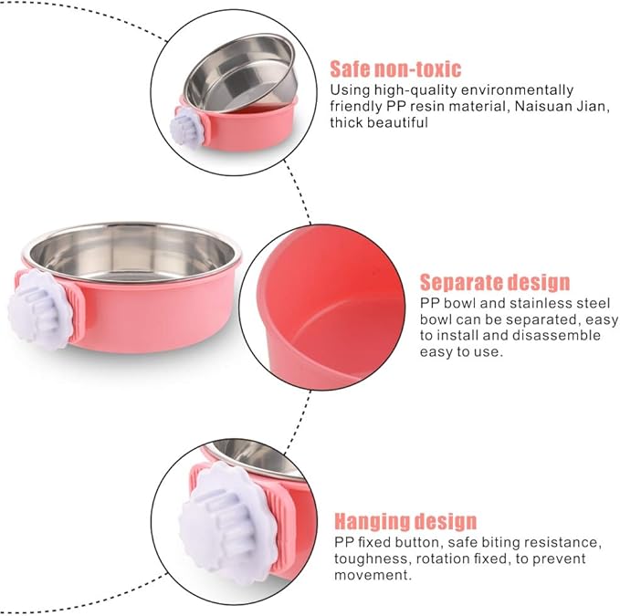 Crate Dog Bowl Removable Stainless Steel Water Food Feeder Bowls Cage Coop Cup for Cat Puppy Bird Pets (Large, Pink)