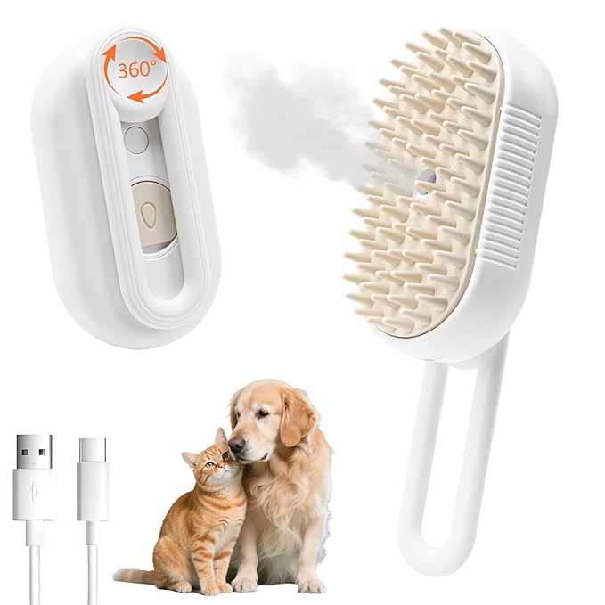4 in 1 Cat Steam Brush for Shedding with Foldable Handle, Pet Hair Cleaning Brush Comb Anti-Static Pet Grooming Tool for Cats and Dogs Steam,Massage,Cleaning,Shedding & Combing (White)