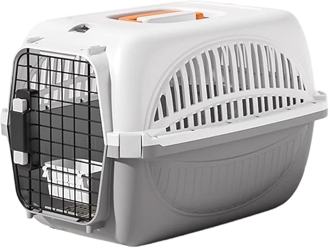Dog and Cat Kennel Hard Sided, Pet Carrier for Mini Dogs and Cats, Portable Crate with Steel Wire Door, Water Bowl and Urine Separator for Car, Airplane, Outdoor (Grey)