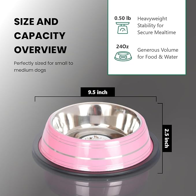 Iconic Pet 3 Cup/24 Oz Elegant Stainless Steel Color Splash Food/Water Bowl with Non Skid, Noise Free, Removable Rubber Ring - Dog/ Cat Feeding Bowl In color shade, Dishwasher Safe - Pink, 2 Bowls