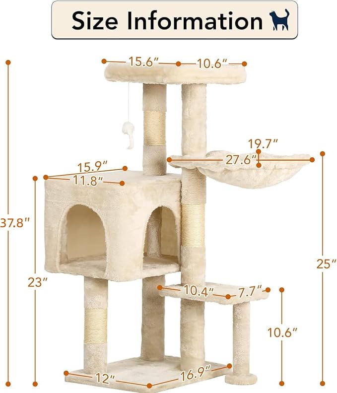 BestPet | 37" Cat Tree Tower | Beige | Sturdy Multi-Level Cat Tree with Plush Condo, Cozy Perch, Sisal Scratching Posts, Hanging Toy and Hammock | Easy Assembly | for Kittens & Adult Cats