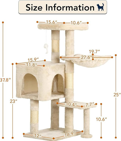 BestPet | 37" Cat Tree Tower | Beige | Sturdy Multi-Level Cat Tree with Plush Condo, Cozy Perch, Sisal Scratching Posts, Hanging Toy and Hammock | Easy Assembly | for Kittens & Adult Cats