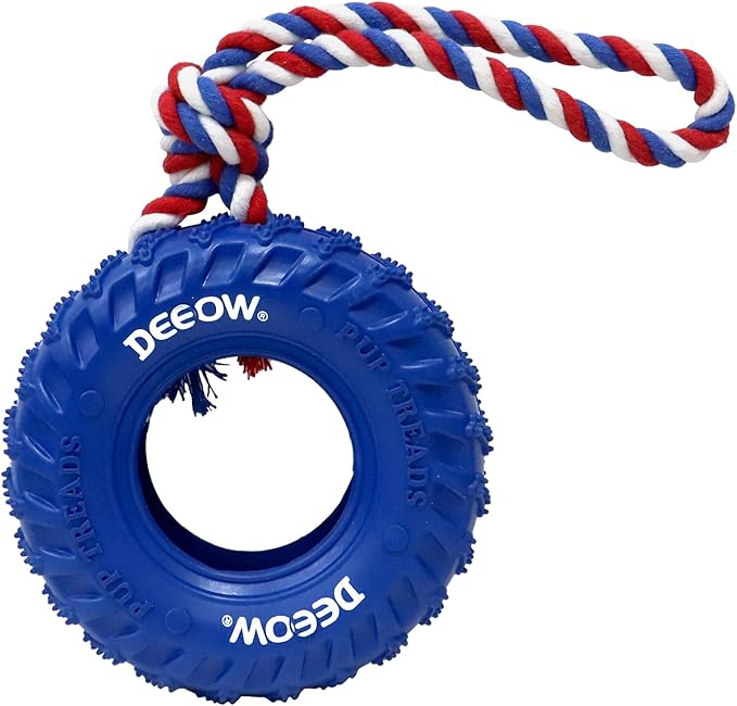 Deeow Dog Tire Toy, Treat Dispensing Chew Toy for Teething Clean and Dental Care, Natural Rubber Enrichment Dog Toys for Boredom Relieve, Interactive Tug-of-War Slow Feeder Pet Toys-Blue