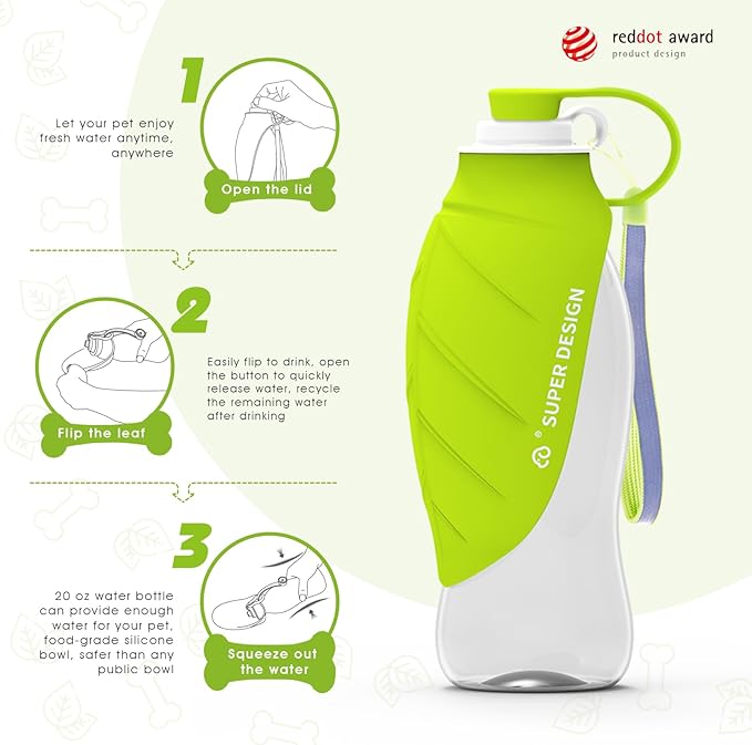 SUPERDESIGN Dog Water Bottle, Portable Dog Water Bottle for Small to Large Dogs, Leak Proof Dog Travel Water Bottle, Small Leaf Travel Water Bowl for Dogs and Dog Walking Accessories (19.6OZ, Green)