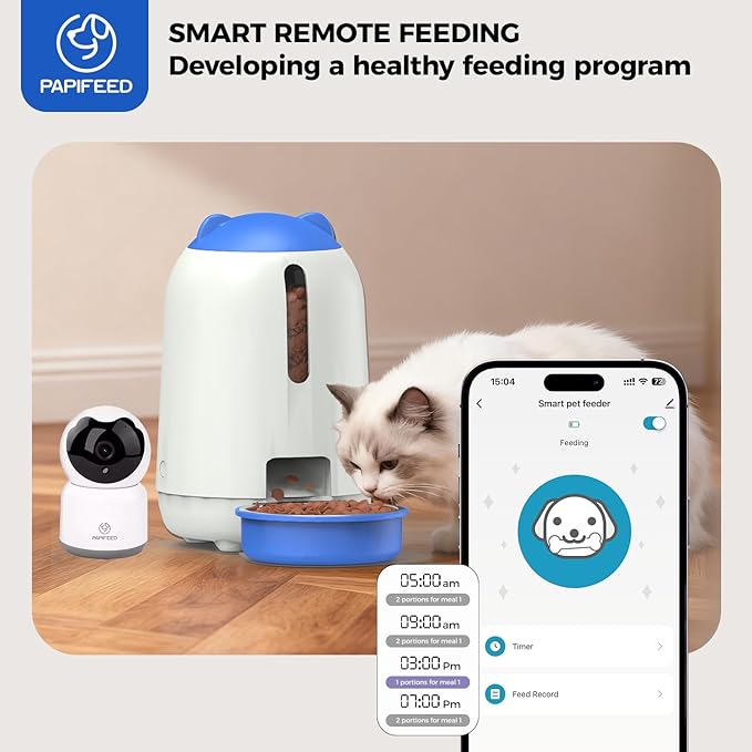 PAPIFEED Automatic Cat Feeder with Camera, App-Controlled WiFi Auto Food Dispenser, Dual Power Backup, Slow Feeding Mode, 3L Moisture-Proof Feeder for Cats & Small Dogs (Blue)