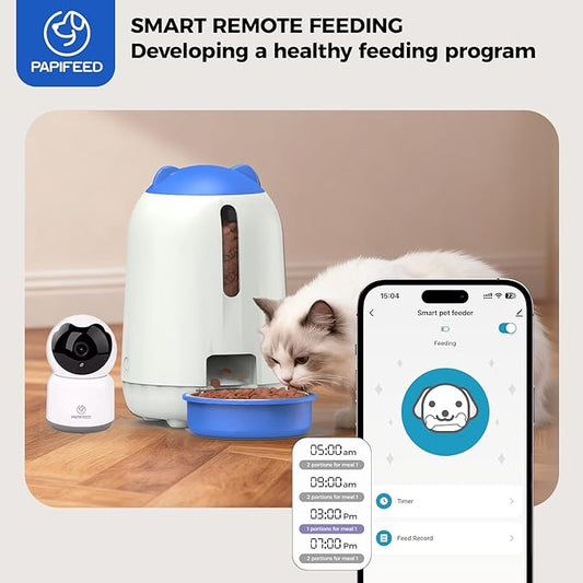 PAPIFEED Automatic Cat Feeder with Camera, App-Controlled WiFi Auto Food Dispenser, Dual Power Backup, Slow Feeding Mode, 3L Moisture-Proof Feeder for Cats & Small Dogs (Blue)