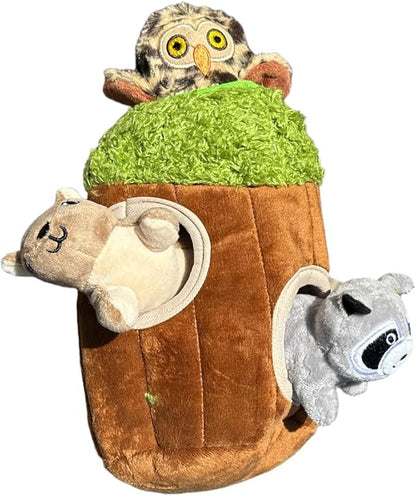 Glow Pups Hide and Seek Dog Toys, Interactive Plush Animal in Tree Trunk Burrow Toy with Squeaker, Puppy Toys for Small Dogs, Woodland Colors (Small Tree with 3 Animals)