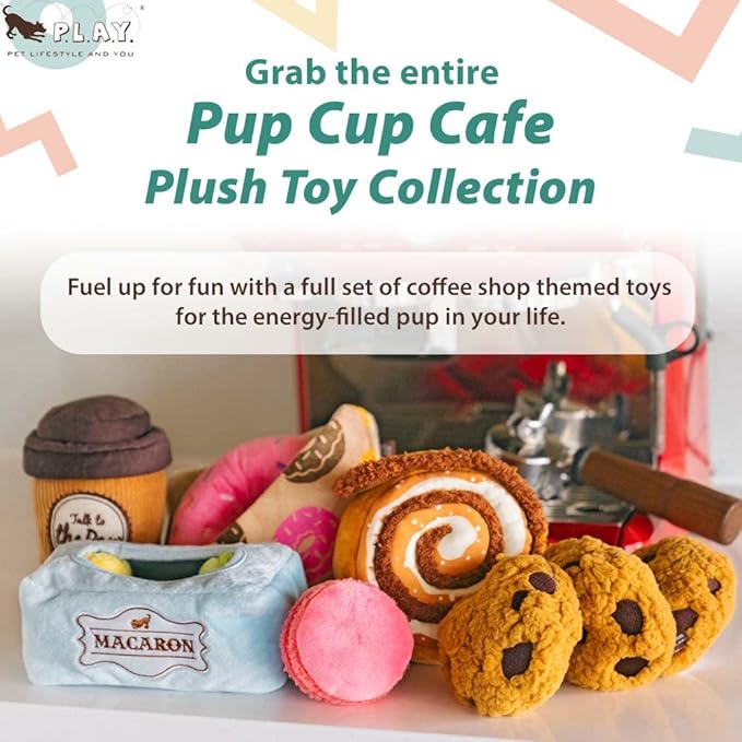 P.L.A.Y. Cute Plush Dog Toys - Coffee Shop Food Themed Durable Squeaker Chew Toy, Great for Puppies & Small, Medium, Large Dog Breeds - Machine Washable, Recycled Materials (Pup Cup Cafe Doggo's Java)