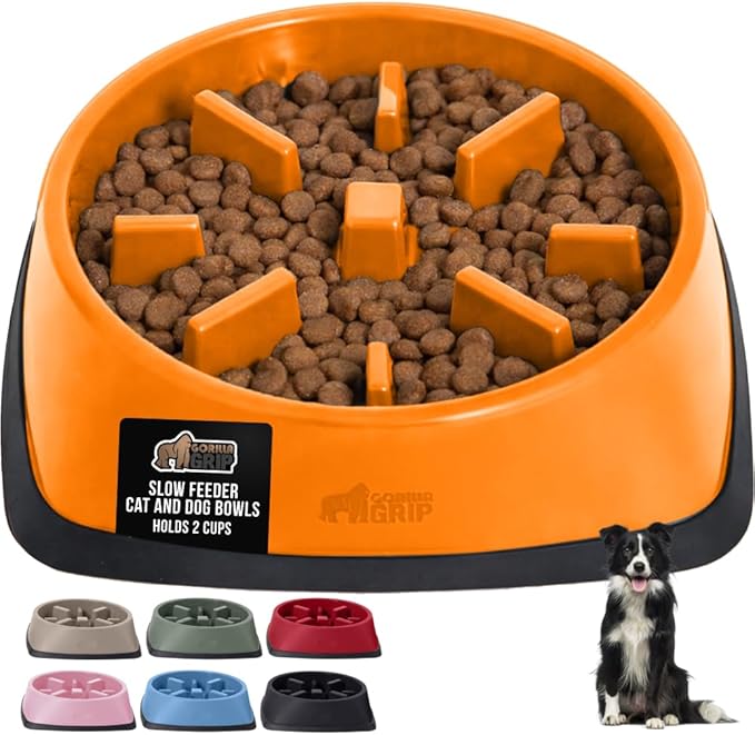 GORILLA GRIP Patented BPA Free Slow Feeder Dog Bowls, Interactive Puzzle Toy for Dogs and Cats Food Training Enrichment, Keeps Pets Busy and Prevents Puppy Overeating, All Breeds, 2 Cup, Orange