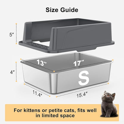 FURTIME Stainless Steel Cat Litter Box with Lid, Metal Kitty Litter Box for Small Cats, Kitten Litter Boxs with Scoop and Mat, Non-Sticky, Anti-Leakage, Easy to Clean, 17"x13"x8.4" (Small)