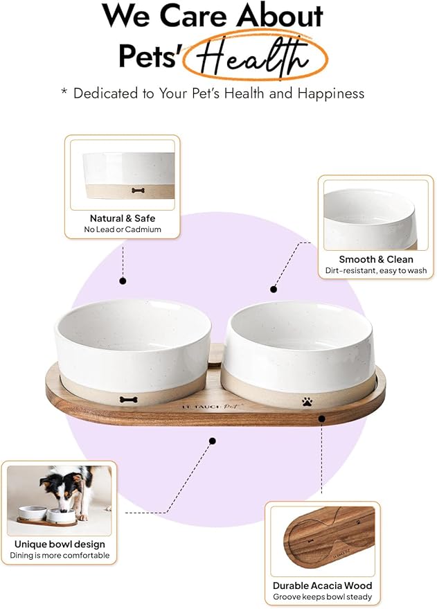 LE TAUCI PET Ceramic Dog Bowls for Medium Small Dogs - 3.2 Cup Medium Dog Food and Water Bowls with Acacia Wood Tray, Dual Food and Water Bowls with Weighted Non-Slip Base