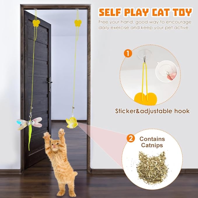 Interactive Cat Toys 8 Pcs, 1 Interactive Wand, 1 Cat Chew Ropes 7 Assorted Teaser Refills and 2 Indoor Hanging Catnip Toy Suitable for Bored Adult Cats and Kittens Play Chase Exercise