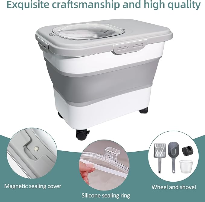 Collapsible Cat Litter Storage Container with Rolling Casters,20 Lbs Cat Litter Storage with Wheels,Airtight Lids,Cat Litter Shovel,Portable Cat Litter Storage Bin Container,BPA Free (Gray)