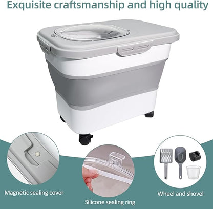 Collapsible Cat Litter Storage Container with Rolling Casters,20 Lbs Cat Litter Storage with Wheels,Airtight Lids,Cat Litter Shovel,Portable Cat Litter Storage Bin Container,BPA Free (Gray)