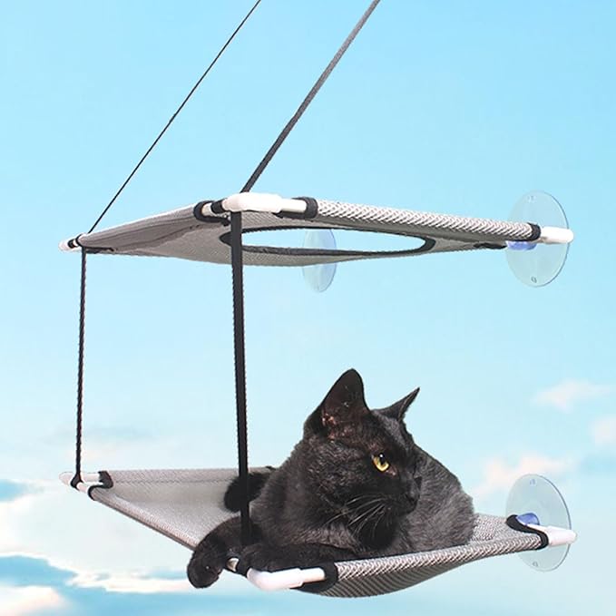 DAN&DRE Cat Hammock, Double Layer Hanging Installation with Strong Suction Cup and Sturdy Brackets, Soft Mesh Fabric Window Perch for Indoor Outdoor Cats Resting on Smooth Surfaces (Gray)