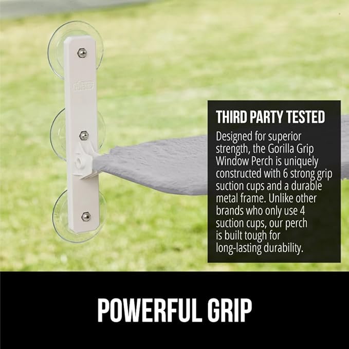 GORILLA GRIP Cat Window Perch, Foldable Cat Window Hammock Bed with 6 Large Suction Cups, Cordless Indoor Wall Shelves, Strong Metal Frame Holds 40lbs, Reversible Washable Sherpa Cover, Large Gray