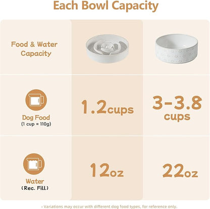 Ceramic 1.2 Cup Raised Slow Feeder Dog Bowl Set, Elevated 6.1inch Bowl and 7.3inch Dish with Acacia Wood Stand for Small and Medium Dog(2 x Reactived Glaze -White+ Stand)