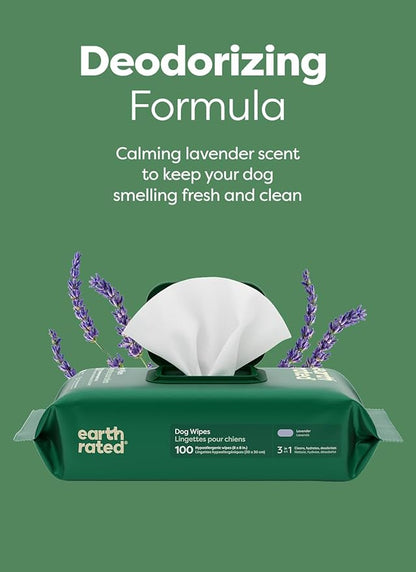 Earth Rated Dog Wipes, Hypoallergenic, 3-in-1 Cleaning and Hydrating, for Grooming Paws, Body and Butt, Lavender Scented, 100 Count