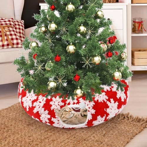 Cat Tunnel Christmas Tree Skirt for 5-7.5ft Trees - Prevent Christmas Tree Falling, Snowflake Patterns Warm Soft Cat Tube Bed with Anti-Slip Mat - Image 7