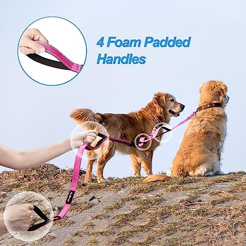 PetBonus Double Dog Leash, No Tangle Dual Leash, Reflective Walking Training Lead, 4 Comfortable Padded Handles for 2 Dogs with Collapsible Bowl and Waste Bags (Pink, Large) - Image 3