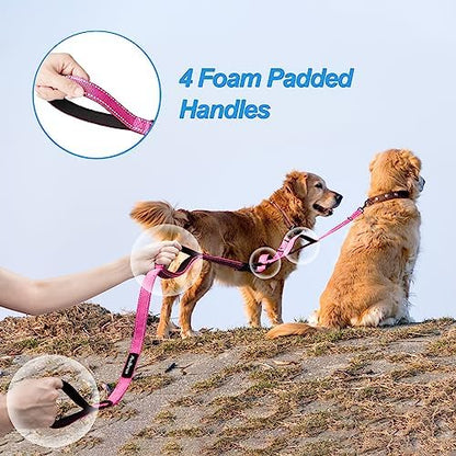 PetBonus Double Dog Leash, No Tangle Dual Leash, Reflective Walking Training Lead, 4 Comfortable Padded Handles for 2 Dogs with Collapsible Bowl and Waste Bags (Pink, Large) - Image 3
