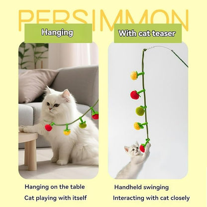 Cat Teaser Fruit-Shaped Squeaky String with Catnip Bells Tomatoes Persimmons Shapes Hangable for Interactive Play Soft Chew Toy Pet Accessories (Fruit String 2pcs)