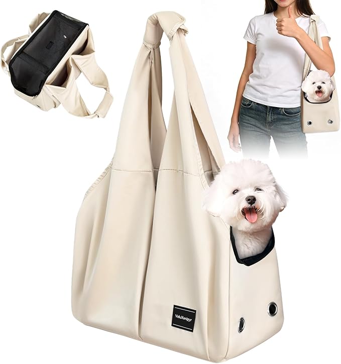 Dog Purse Carrier, Small Dog Cat Puppy Outdoor Portable Bag, Foldable Breathable 3‑Speed Zipper Access Pet Travel Bag with Large-Capacity Pockets, 15 lbs Capacity,Beige