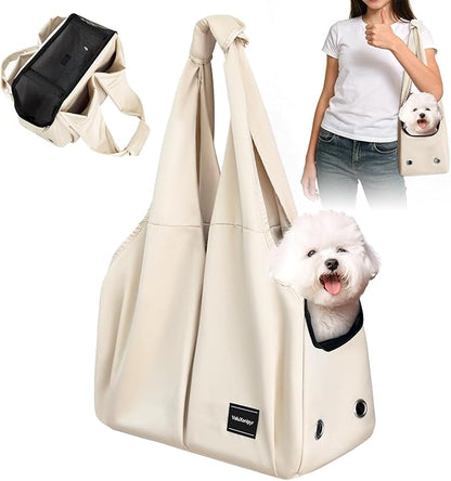 Dog Purse Carrier, Small Dog Cat Puppy Outdoor Portable Bag, Foldable Breathable 3‑Speed Zipper Access Pet Travel Bag with Large-Capacity Pockets, 15 lbs Capacity,Beige